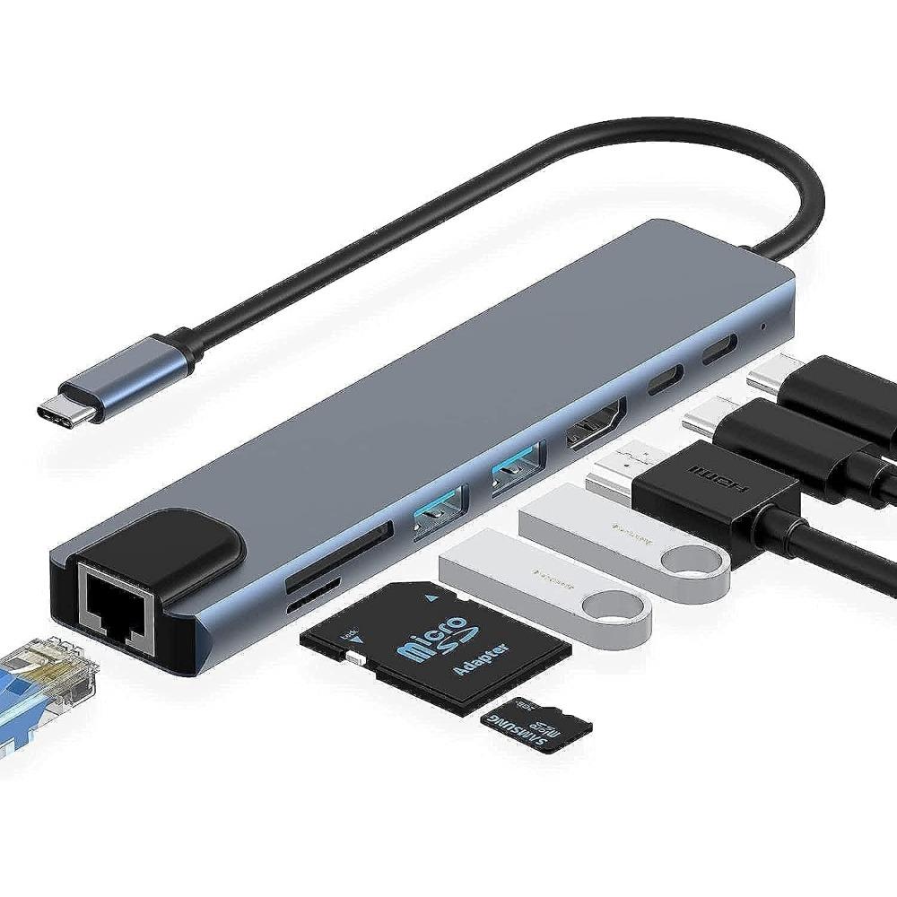 USB C Hub 8 In 1 Type C Hub Multiport Adapter with 4K HDMI/PD Power Delivery USB-C Ethernet 2 USB SD/TF Card Reader