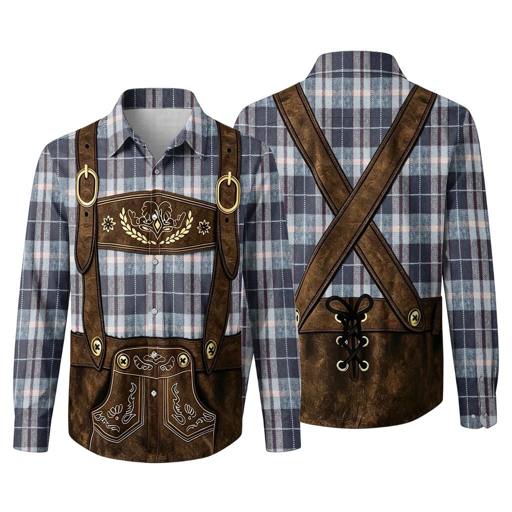 Men’s 3D Printed Loose Fit Turn-Down Collar Long Sleeve Shirt Vintage Plaid Design Casual Retro Style for Festivals Outdoor Parties
