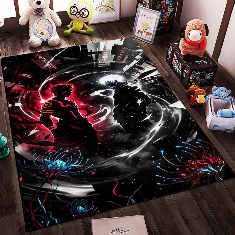 "Anime Style Rug with Character Silhouettes and Fiery Red & Black Design" Suitable for Use As an Anti-slip for Living Room Bedroom Sofas