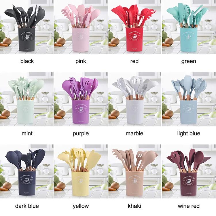 Heat Resistant Kitchen Accessories Cooking Utensil Kitchenware Non Stick Food Grade Wooden Handle Spatula Silicone Spoon Set