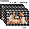4/6pcs, Halloween-Themed Placemats, Pumpkin, Ghost, Bat, Maple Leaf And Witch Hat Pattern, Black And White Checkered Background Design, Suitable for I