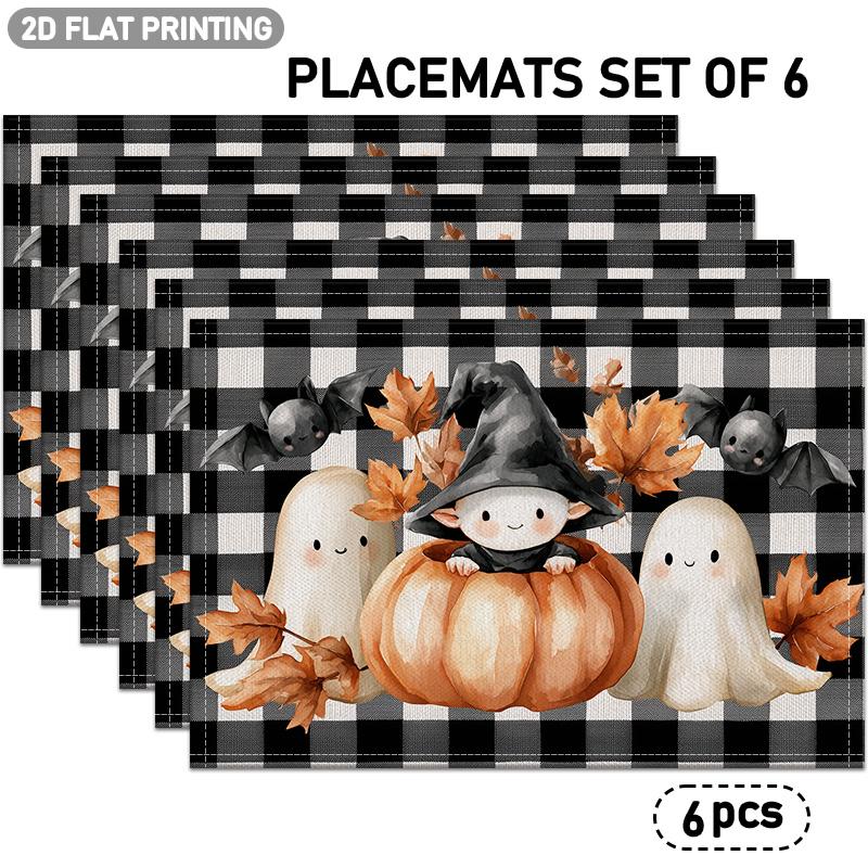 4/6pcs, Halloween-Themed Placemats, Pumpkin, Ghost, Bat, Maple Leaf And Witch Hat Pattern, Black And White Checkered Background Design, Suitable for I