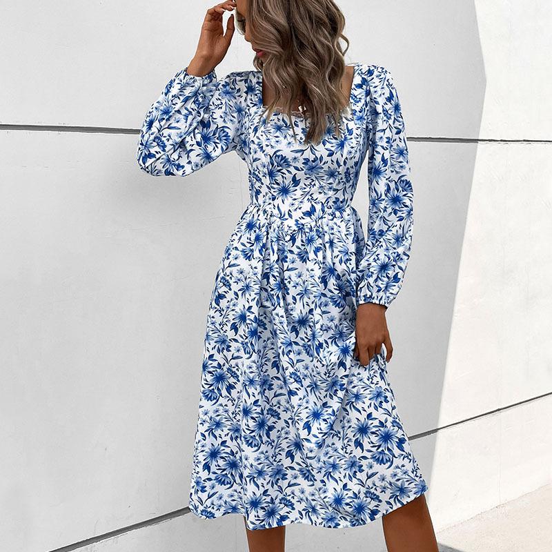 Independent station autumn new fashion foreign trade European and American women's clothing square collar printing retro French backless dress