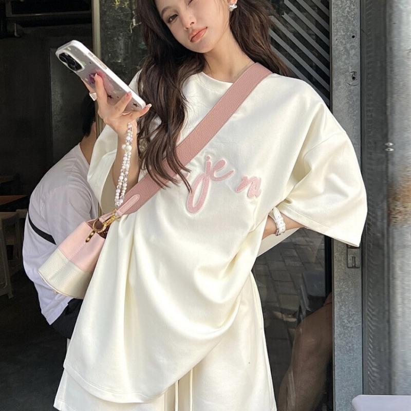 Pyjamas Set for Women's Simple Letter Sports Short-Sleeved Shorts Student Homewear Two-Piece Set of Solid Sleepwear Loungewear