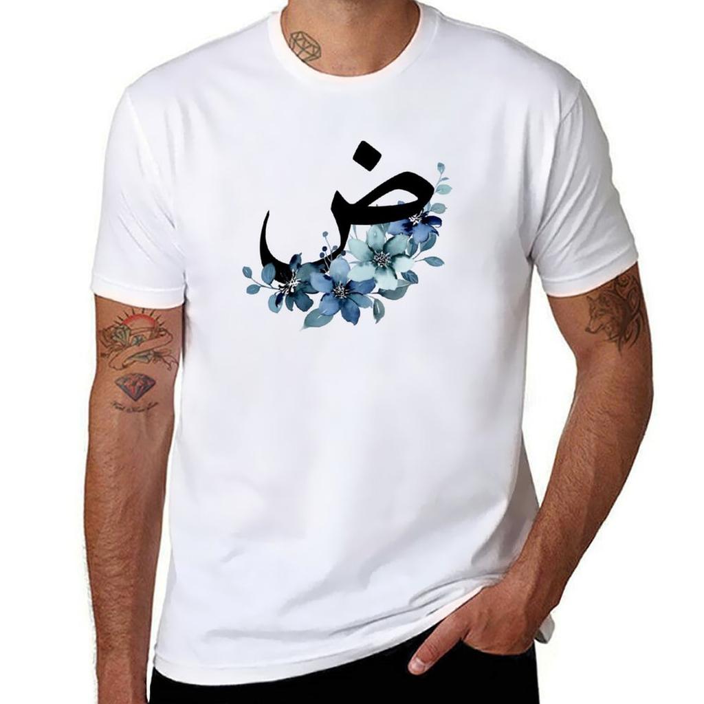 Cerulean Floral Arabic Letter TShirt Everyday Wear Basic Short Sleeve Top