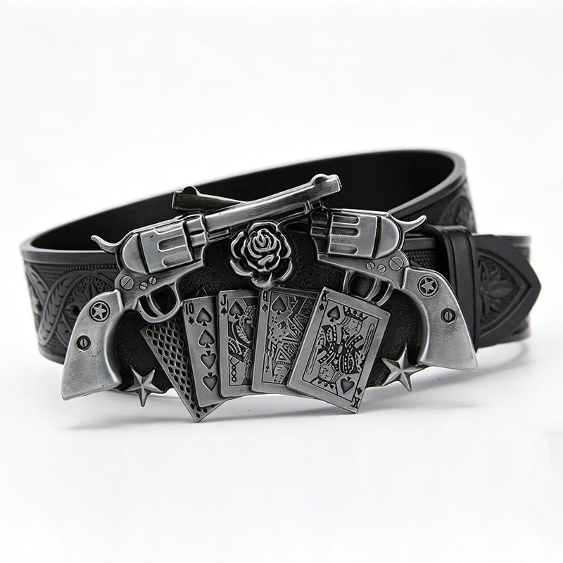 Western Cowboy Rose Belt with Double Gun Buckle - Versatile Leather Zinc Alloy for Men and Women 110 cm чёрный