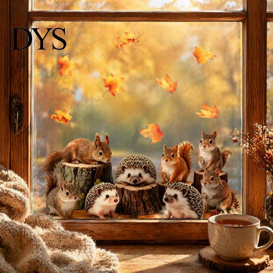 Squirrel Hedgehog Decals 2PCS Static Window Sticker, And Printed, Autumn Forest Clings Theme Waterproof PVC Decal, for Glass Doors Windows Fall