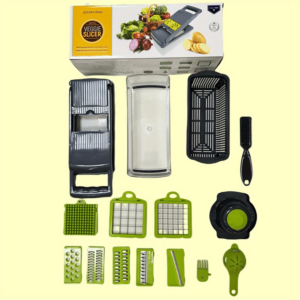 Multifunktionale Gemüsereibe, Manuelle Lebensmittelreibe, Obstschneider, Gemüseschneider, Schneider mit Behälter, Reinigungsbürste und 8 Klingen