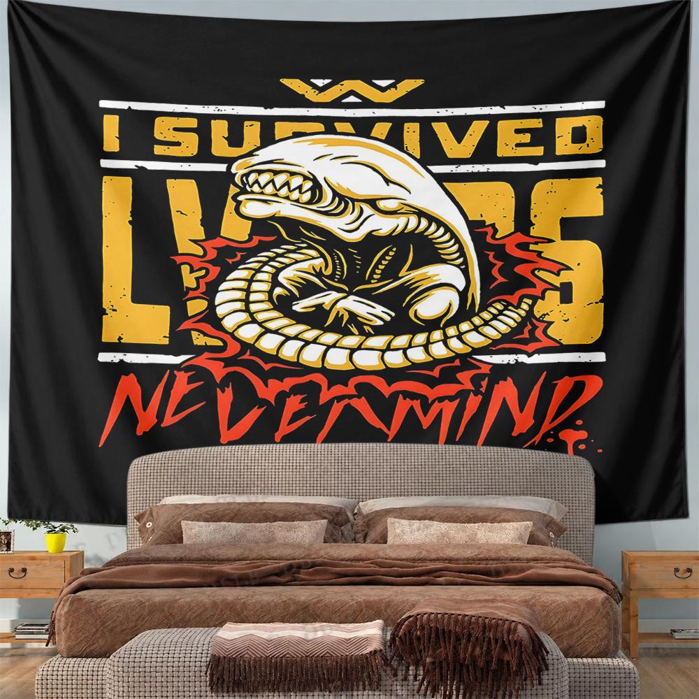 Xenomorph Chestburster I Survived LV 426 Alien Parody Wall Tapestry Yellow Red Horror Sci Fi Decor for Man Cave Gift