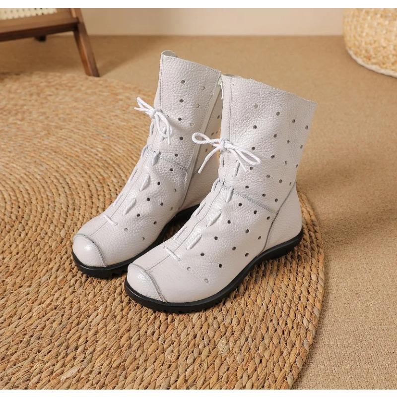 Fashion New Genuine Leather Boots Women's Laced Up Hollow Out Shoes Ladies Zip Up Mid Calf Boots Woman Concise White Luxury Boot Vintage