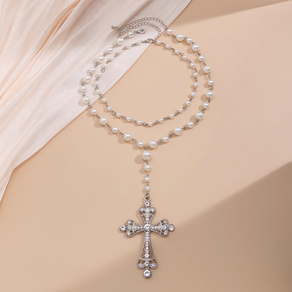 Goth Simulation Pearl Cross Pendant Necklace for Women Y2k Gothic Jewelry Chokers Cross Party Jewelry Gifts
