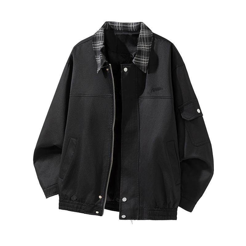 New Autumn Plaid Neck Jacket for Men Casual Embroidered Long-sleeved Jacket