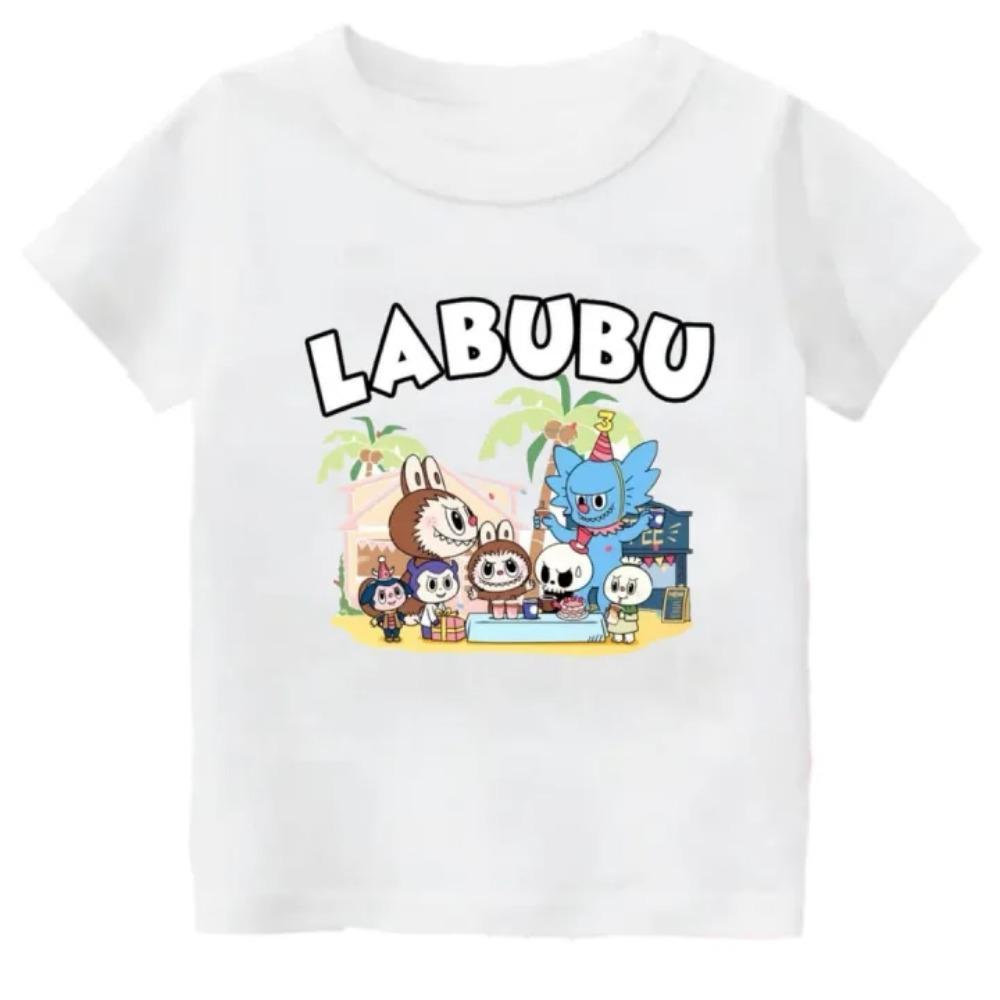 2025 Popular Children's T-shirt Beach Vacation LABUBU Printed Cartoon Style Round Neck Short Sleeved Cute and Versatile Girl's Top