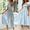 Damenkleid karierter Print Puffärmel quadratischer Ausschnitt hohe Taille Sommer Schwingkleid für Party