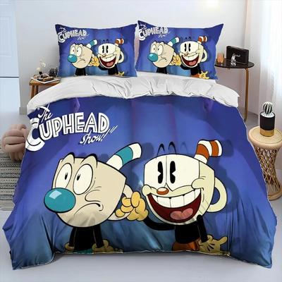 Cuphead and Mugman,Game Gamer Bedding Set Duvet Cover Sheet Printed Bed Set Pillowcase Full Queen King Size Comforter Bedroom