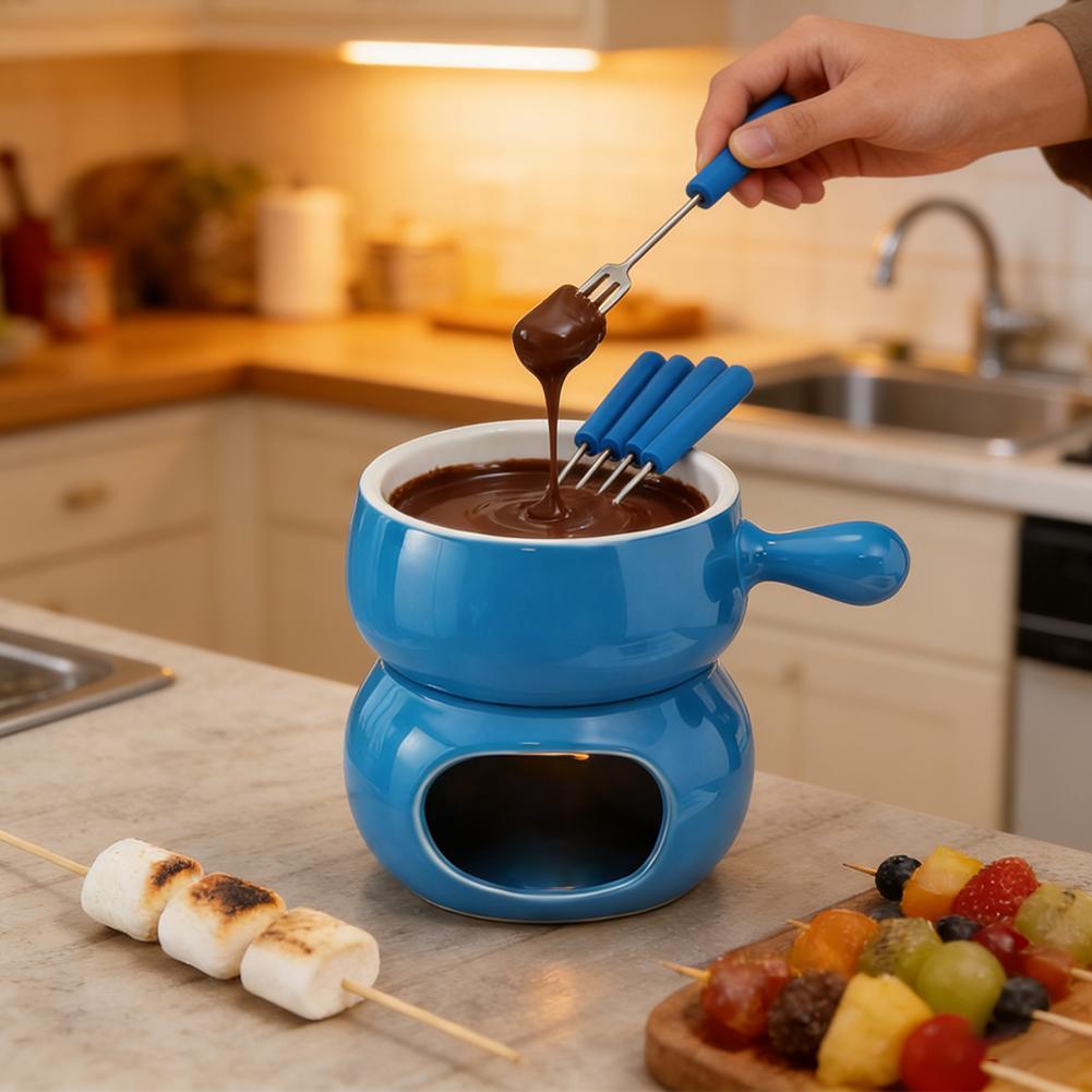 Chocolate Fondue Cup Ceramic With Forks Tealight Chocolate Melting Cup Mini Fondue Pot For Cheese Butter Heating Stove P1G1