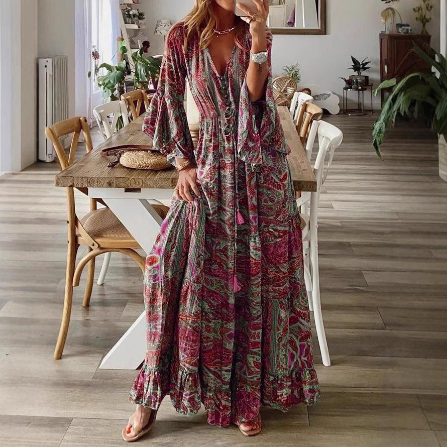 2023 Bohemian Style V-Neck Bell Sleeve High Waist Floral Vacation Dress for Women