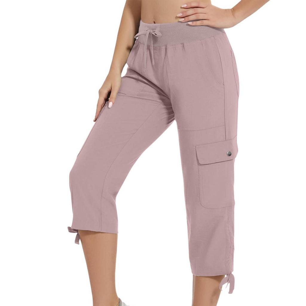 Damen Outdoor Capri-Hose mit Taschen Lockerer Schnitt Kordelzug Taille Reise Lässig Sieben-Achtel-Hose für den Alltag