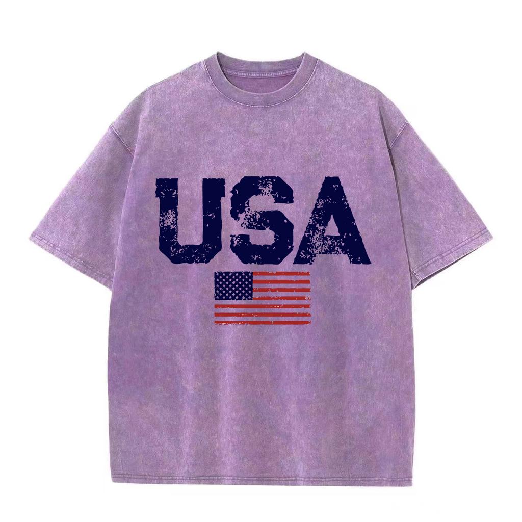 Usa Letters American Flag Stars And Stripes Mens Clothing Loose T-shirt Autumn Pullover T-shirt Retro Washed Vintage T-shirt