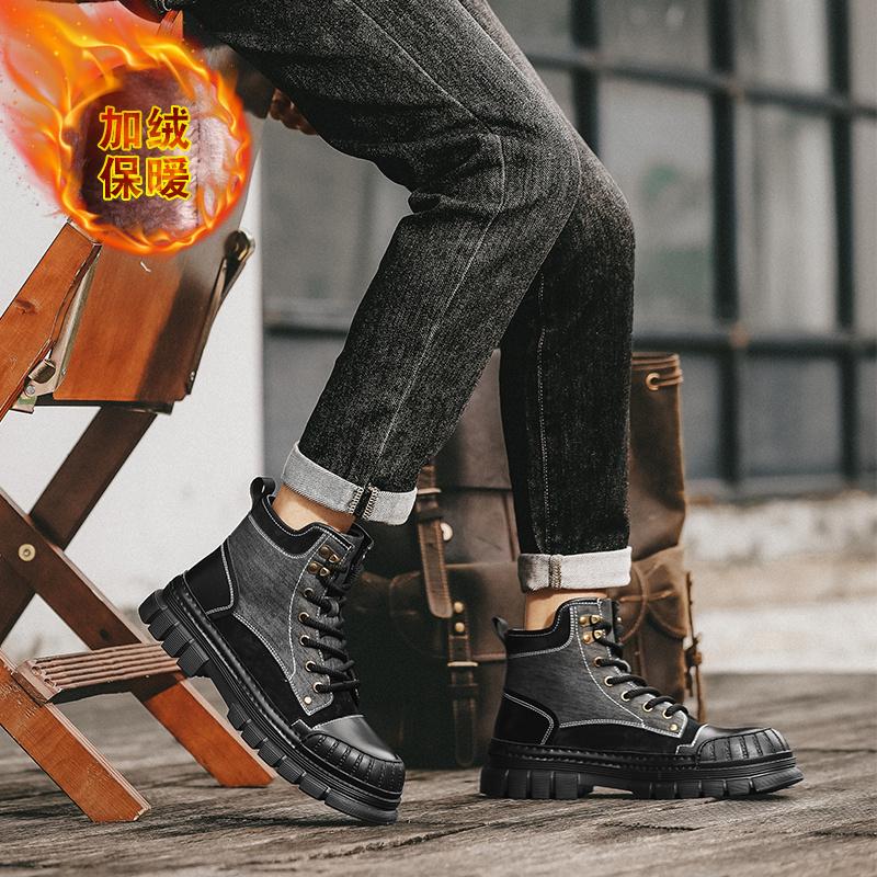 Fashion Outdoor Leather Mens Slip On Boots Platform Shoes Luxury Brand Men Winter Plush Snow Boots Fashion All-match Men Motocross Boots