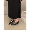 Zapatos Negros de Punta con Suela Plana para Mujer Zapatos de Verano Franceses de Tacón Bajo Temperamento Mary Jane Zapatos Pequeños de Cuero