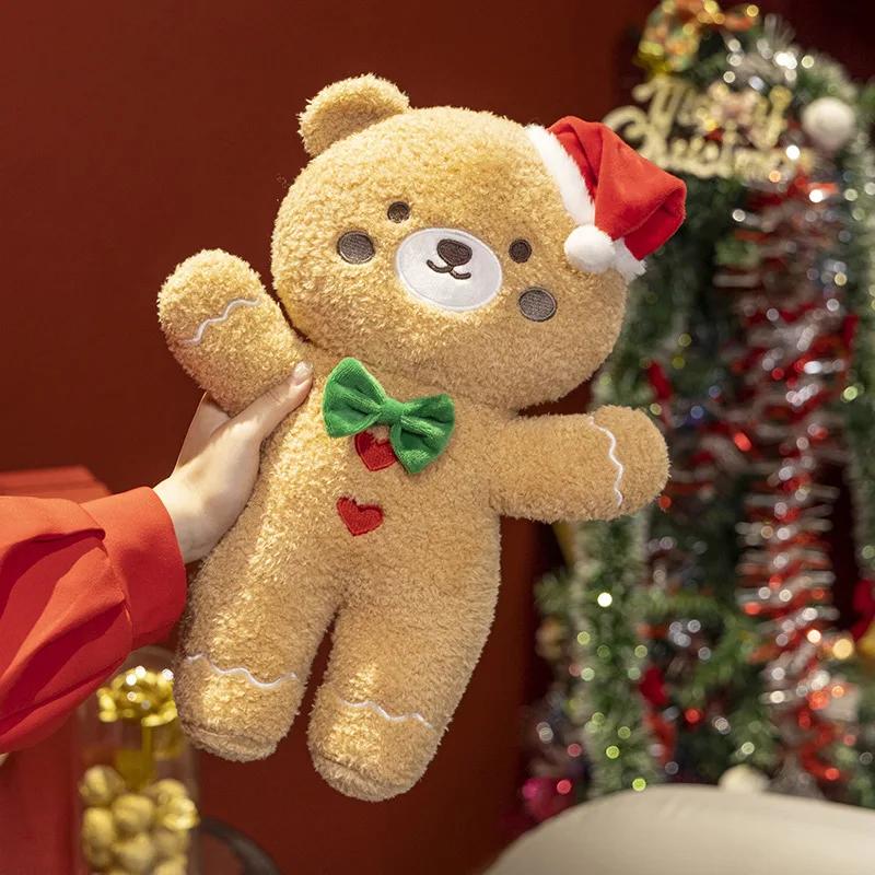 Cute Christmas Decor Brown Bear Plush Toy Biscuit Gingerbread Man Doll Soft Stuffed Cartoon Throw Pillow