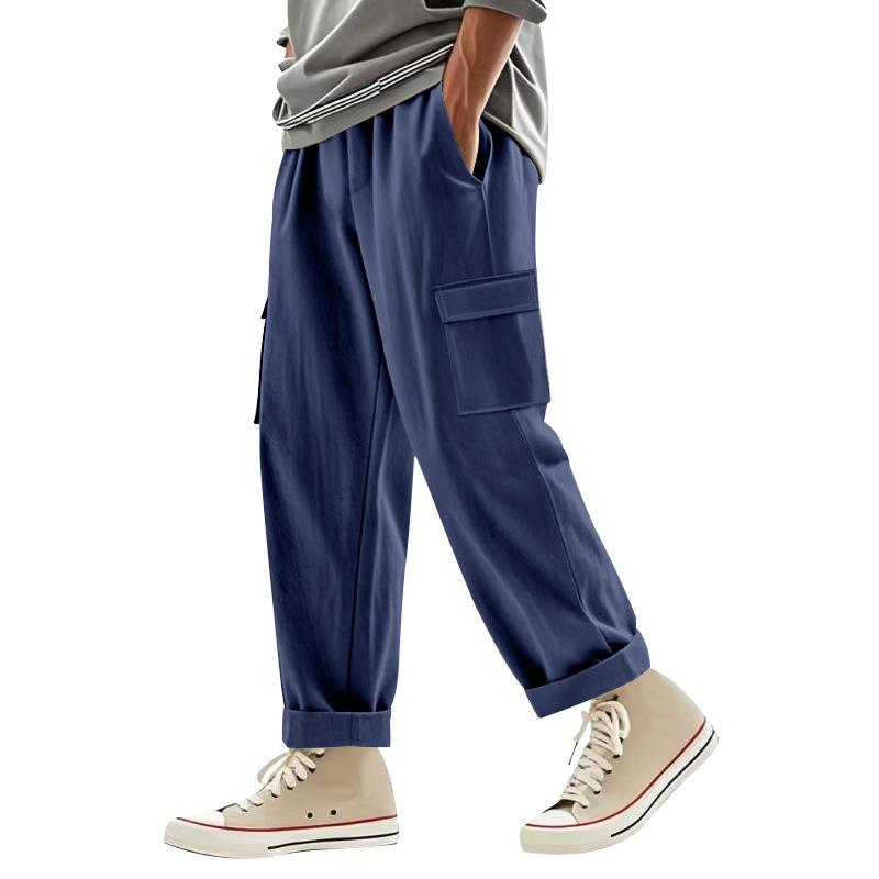 Men's linen trousers four seasons thin section breathable workwear multi-pocket loose casual trend wide-legged trousers