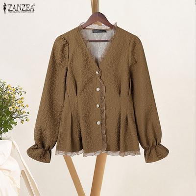 Women Casual V-Neck Solid Color Long Sleeve Blouse