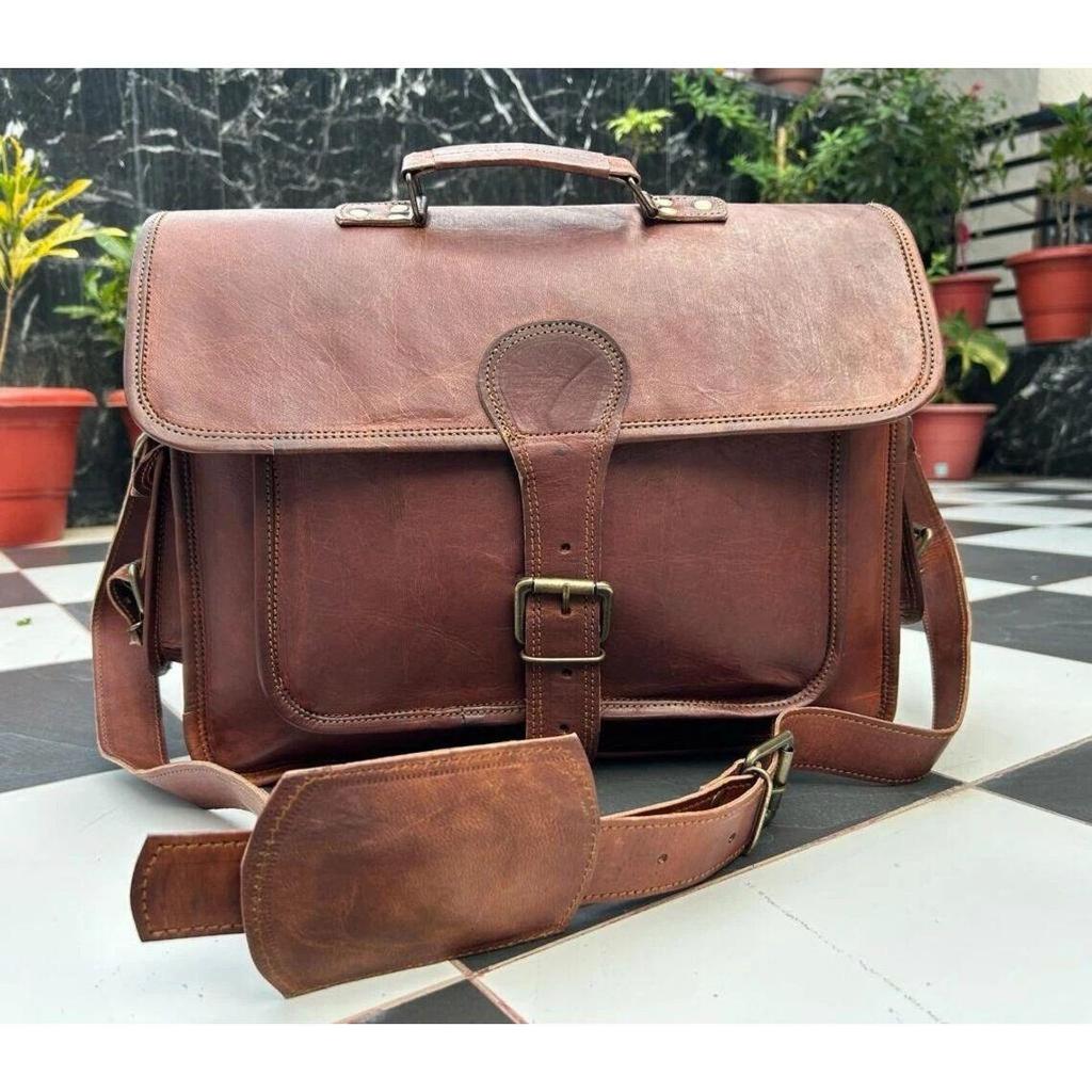 Men's Leather Handmade Laptop Shoulder Cow Crossbody Satchel Brown Bag