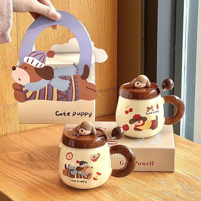 Wysokiej jakości ceramiczny kubek z pokrywką w kształcie szczeniaka kiełbaski, uroczy kubek dla dziewczyn, kubek na kawę lub mleko do biura