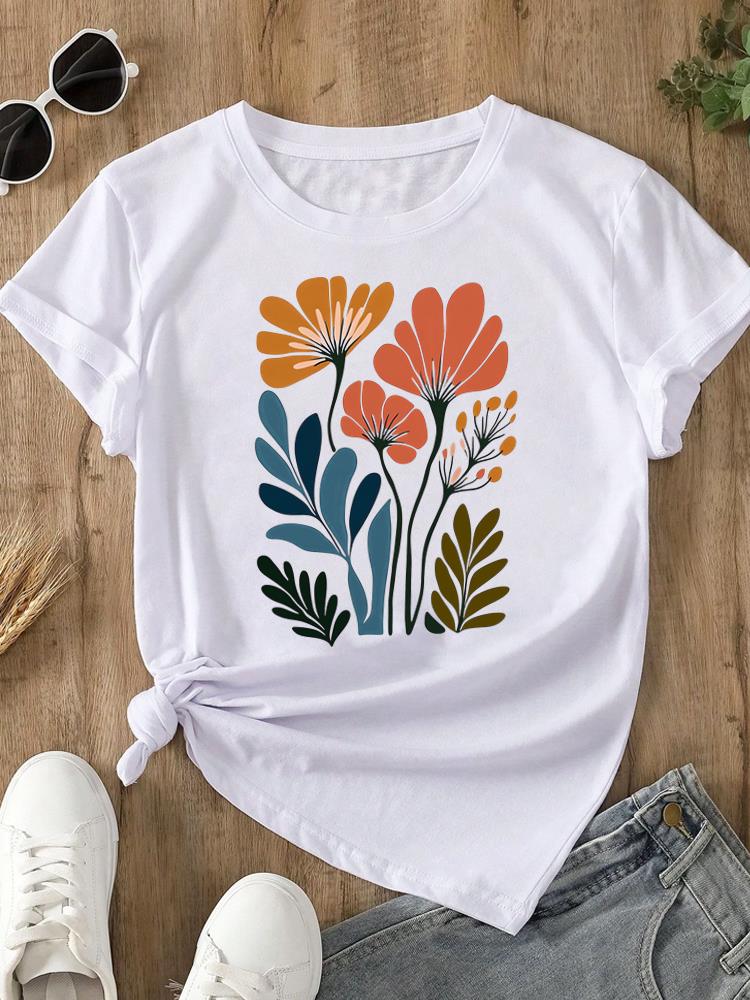 (Asian Size) sweet plant flower Print O-neck Short Sleeve T-shirts Fashion  Casual Women's Top T Female Clothing  Graphic Tee