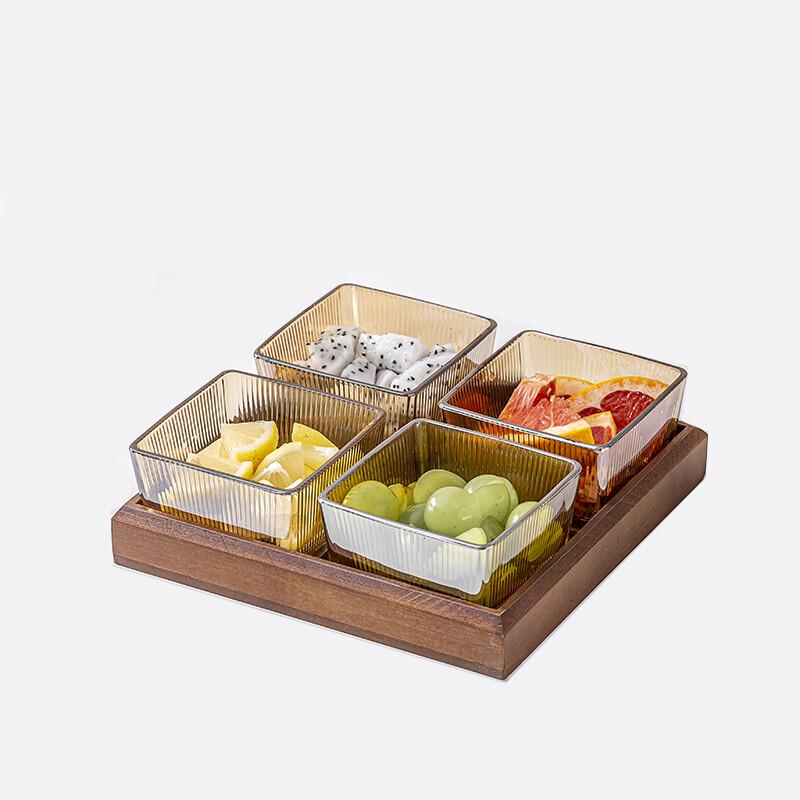 Amber Vertical Grain Glass Fruit Plate Set with Wood Tray