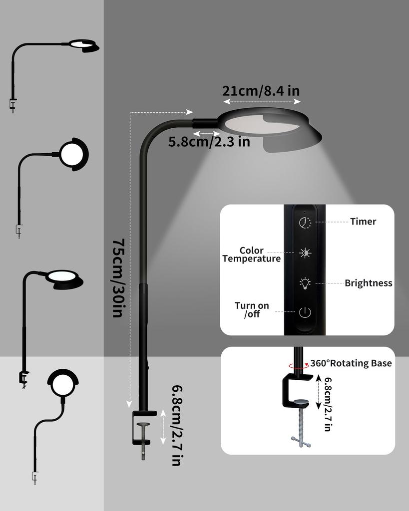 Clamp-on LED Desk Lamp with Sunshade and Touch Control, Eye-Friendly, Architectural Lighting Gooseneck Task Lamp with 25 Lighting Effect Modes, Clamp