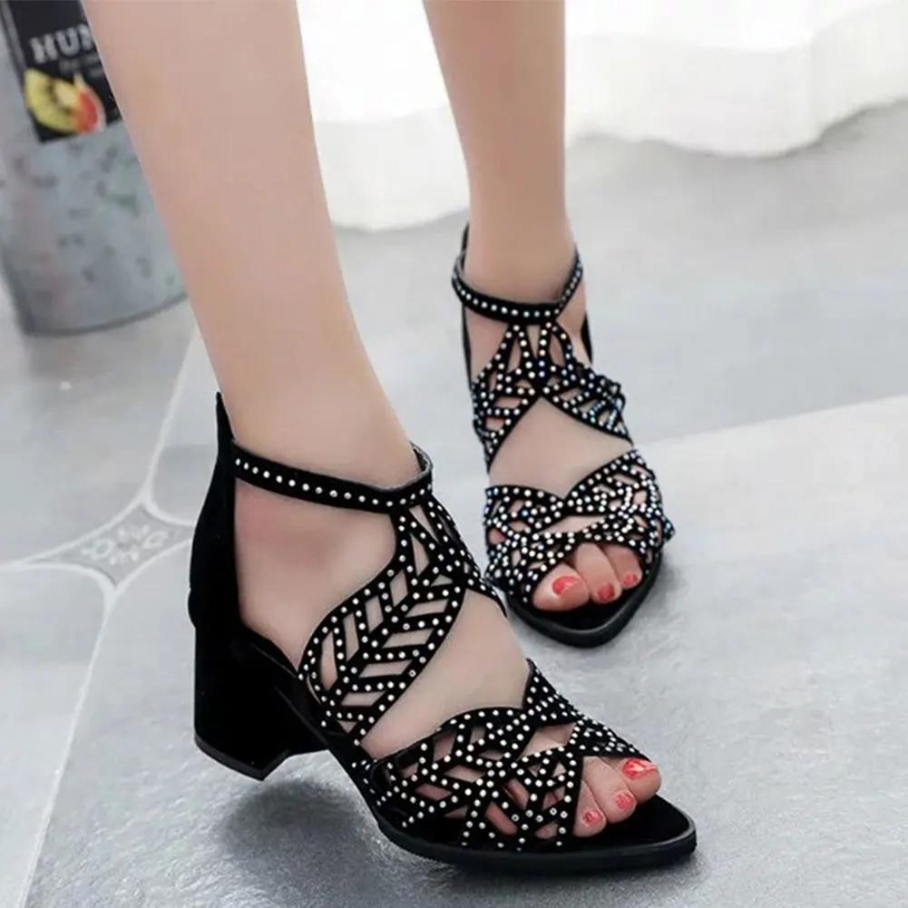 New Style Women Summer Hollow Out Faux Leather Rhinestones Thick Heel Zipper Sandals Shoes Fashion Sparkly Dress Platform Sandals