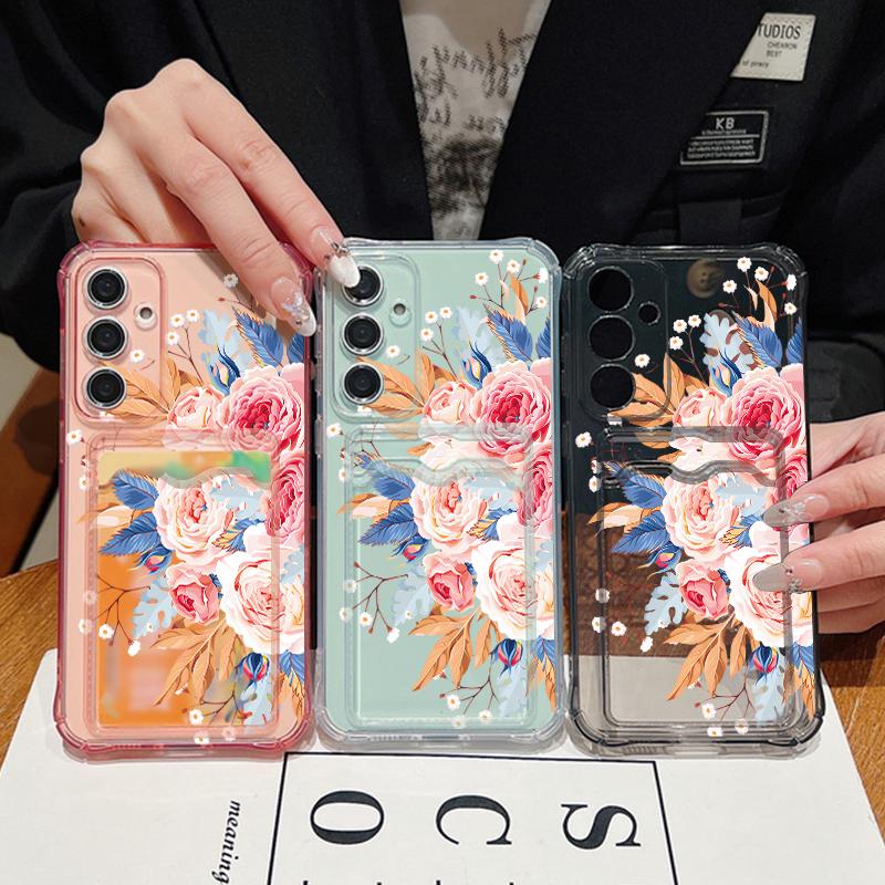 Carcasă de telefon din silicon moale cu model de trandafir și flori pentru Samsung S24 FE S23 S22 Ultra A16 A15 A55 A35 A54 A34 Slot pentru card, rezistentă la șocuri, transparentă, cu bara de protecție