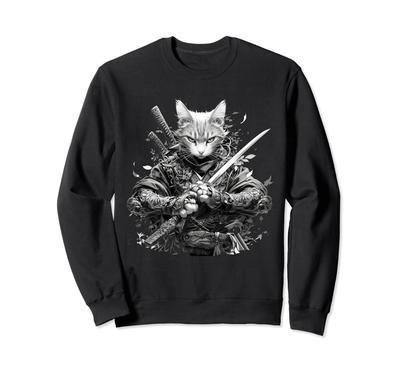 Japanese Art Cat Ninja Anime Style Samurai Cat Sweatshirt Ukiyo-e