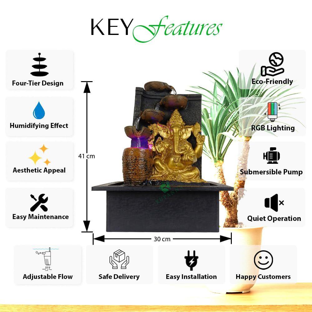 3 Step Ganesha Table Top Water Fountain with RGB LED Light for Home Décor/Gift/Vastu/Pooja/Reception/House Warming (Brown Stone & Gold)