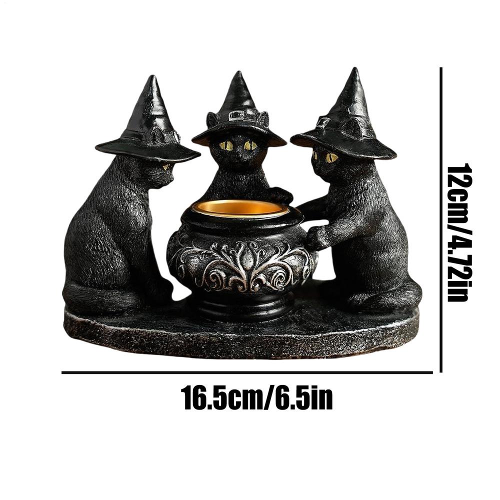 Halloween Black Cat Candlestick Resin Witch Cat Statue Tealight Candle Holder Gothic Figurine Table Centerpieces Home Decoration