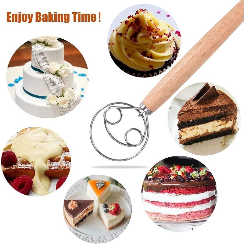 

1pcs Dough Mixer, Stainless Steel Hand Mixer, Wooden Handle, Kitchen Baking Tools for Baking Cake Dessert Pizza 1pc two-loop style