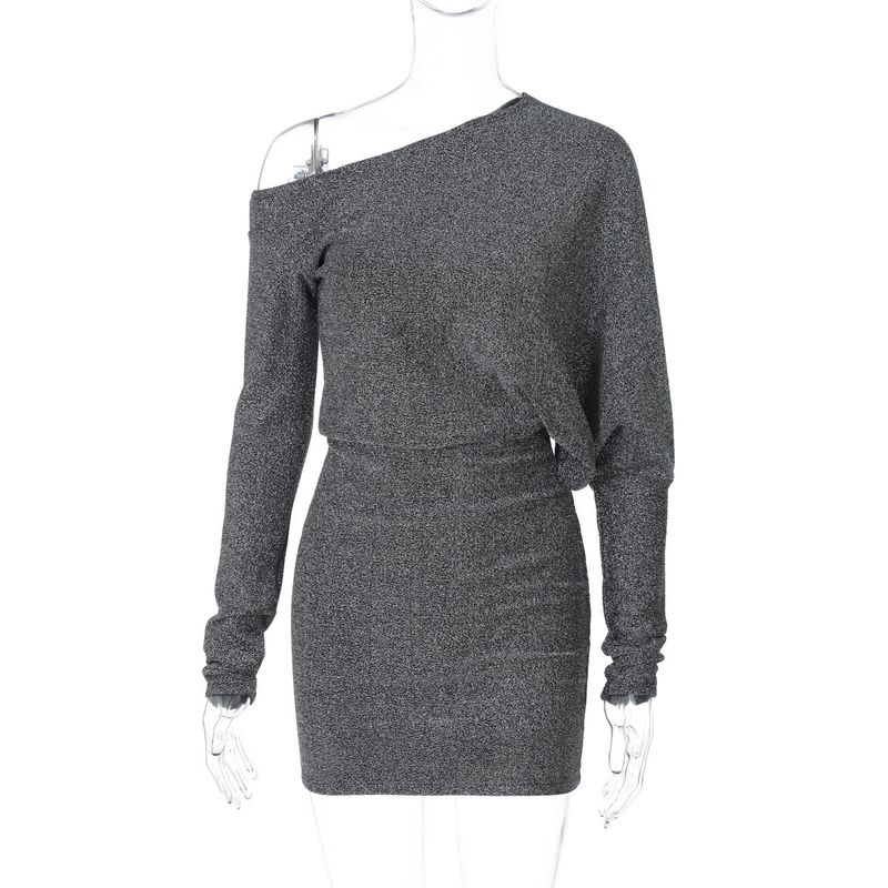 

Ins Style Women s Clothing Fall New Arrival Stylish One-Shoulder Cold-Shoulder Long Sleeves Fake Two-Piece Waist-Tight Slim Looking Bodycon Dress Grey L