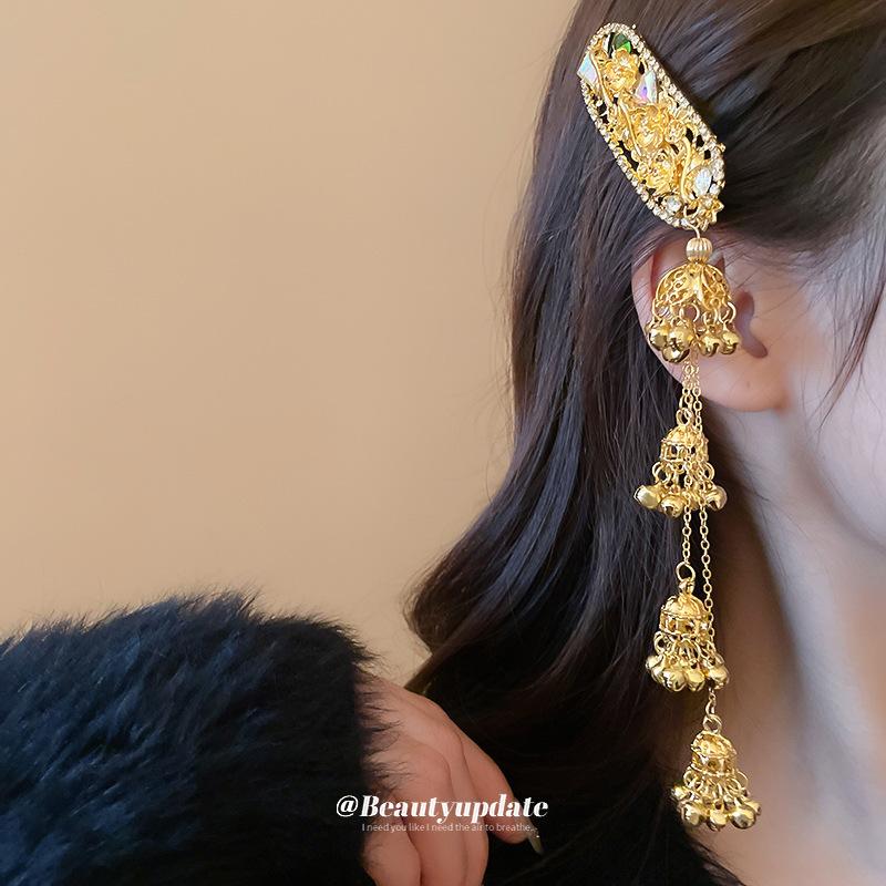 Ethnic style, diamond-encrusted flowers, bells, fringed hairpins, side duckbill clips, fashionable temperament, hair accessories, women