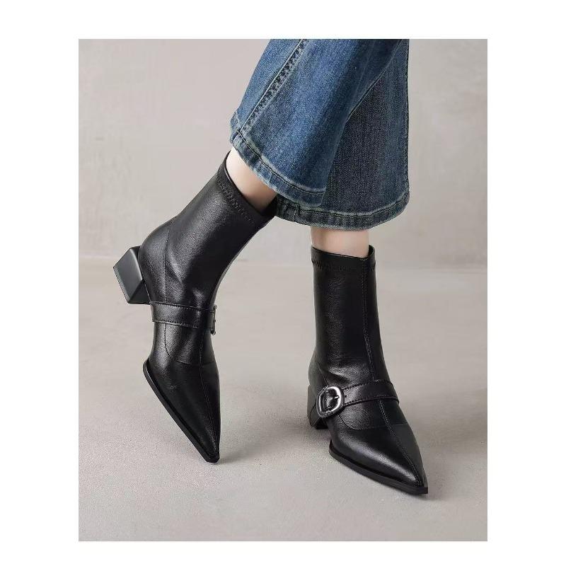 Pointed Toe Heeled Ankle Boots For Women Mid Heels Leather  Winter Trend Gothic Boots Pumps Walking Retro Mujer Botas