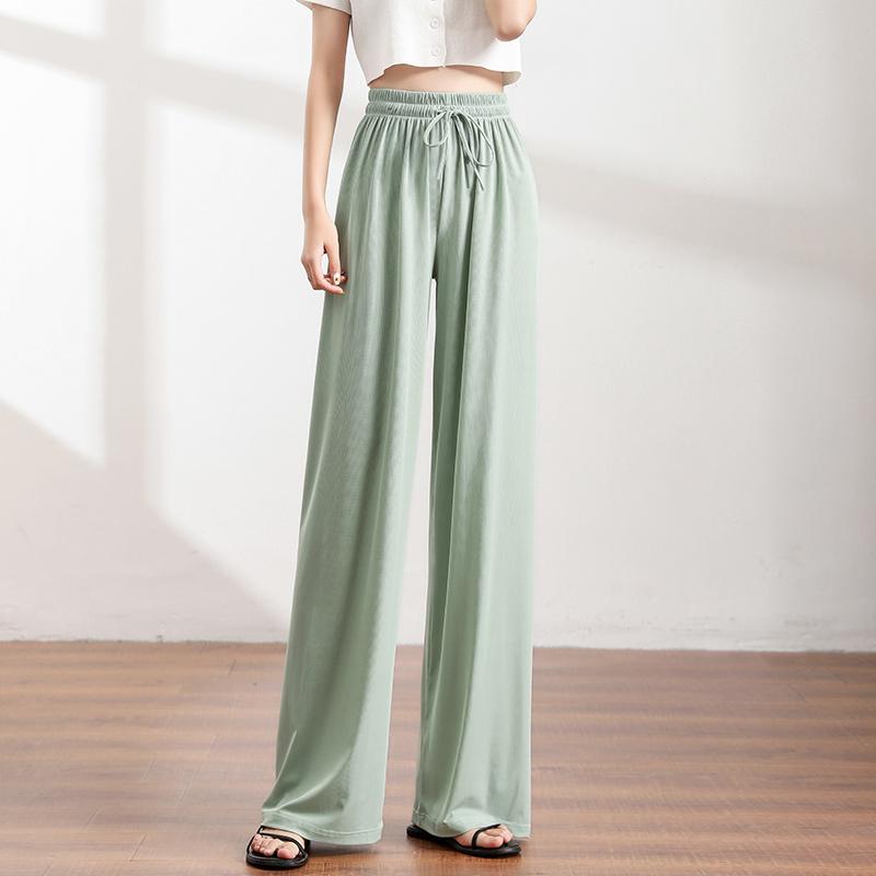 Slacks Women'S Loose Summer Pants Soft Ice Silk Ankle-Length Black Wide Leg Pants Grey Khaki Women High Waisted Trousers