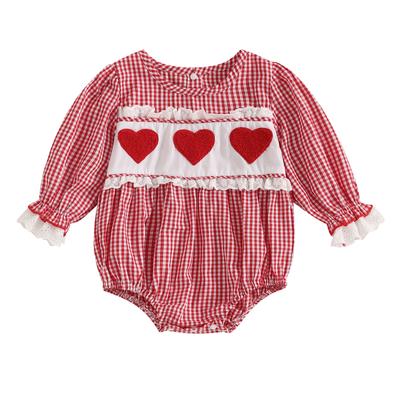 Baby Mädchen Valentinstag Strampler Herz Karo Spitze Rüschen Rundhals Langarm Jumpsuit