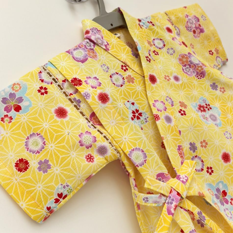 COSSA Jinbei Suit for Sizes and Short Made in Suitable for Fireworks and Elastic Hemp Leaf Pattern Size Girls, Kids, 110, 120, 130, 140, 150, Sleeve,
