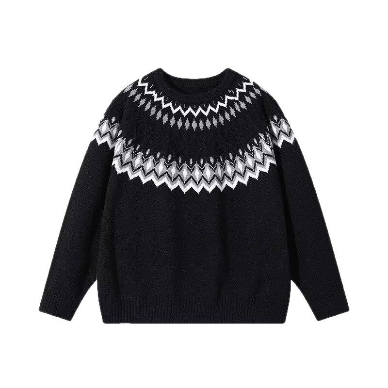 

Men s Retro Jacquard Round Neck Knitwear - Autumn/Winter Loose Fit Base Layer Pullover Sweater for Couples L чорний