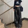 Plus Size Women's Black PU Leather High Waist Straight Leg Pants - Loose, Floor-Length, Wide/Narrow Leg Style for Spring/Autumn.