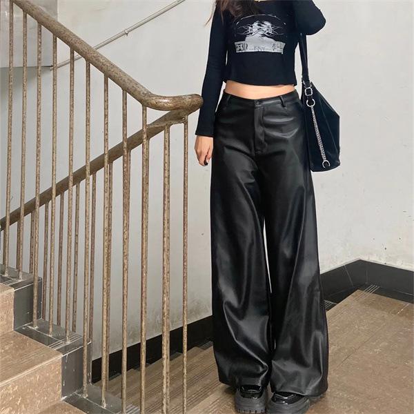 Plus Size Women's Black PU Leather High Waist Straight Leg Pants - Loose, Floor-Length, Wide/Narrow Leg Style for Spring/Autumn.