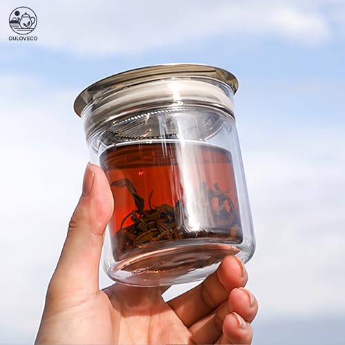 OULOVECO 200ml Glas-Teekanne mit doppelwandigem hitzebeständigem Glas und Präzisionsfilter, Perfekt für den Einzelgebrauch, Geeignet für Büro- oder Heimgebrauch, Gre