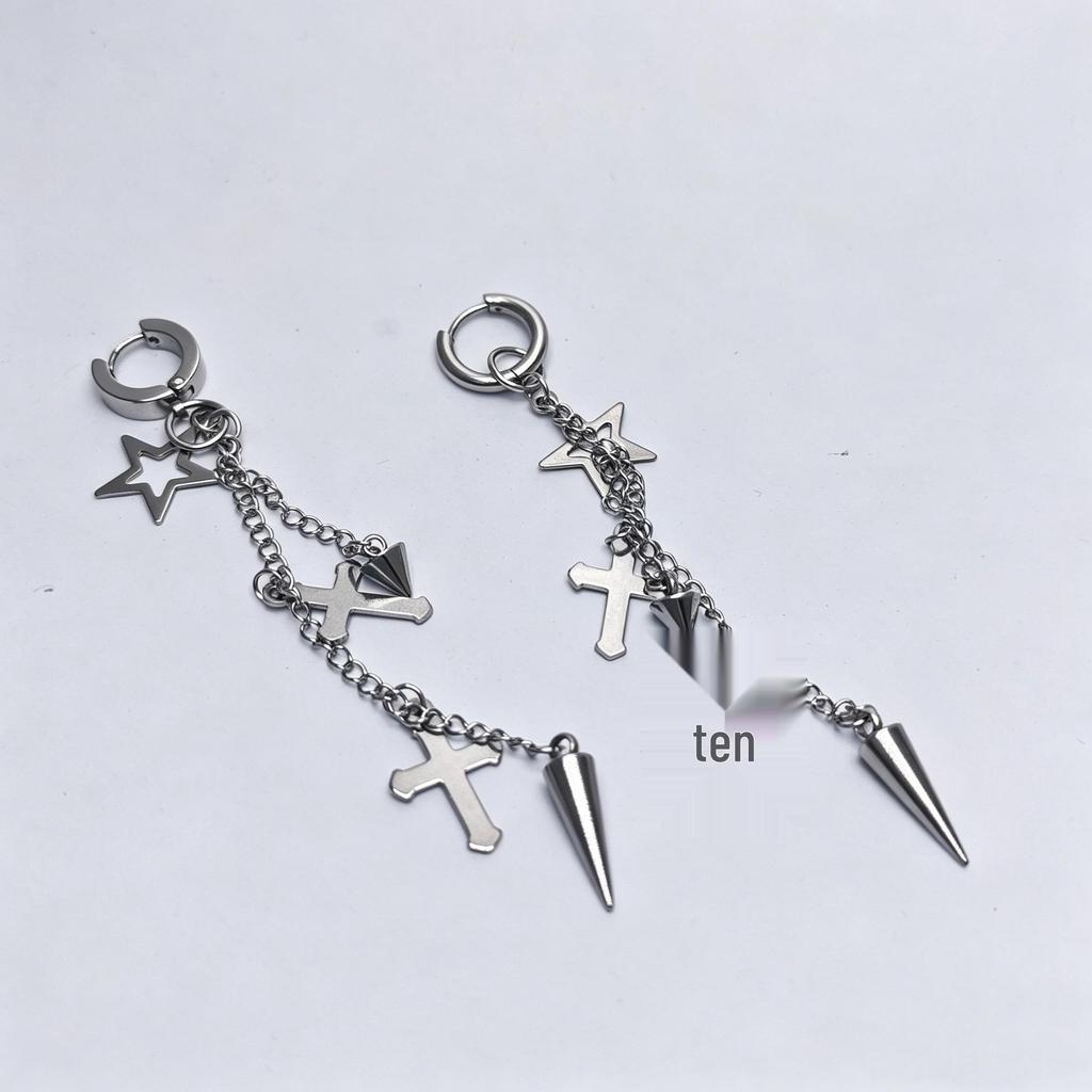 Stainless Steel Asian-Style Star Tassel Earrings - Unisex Long Hoop Studs